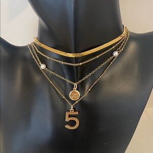 CHANEL Gold Multi-Layer Necklace with Number 5 Charm